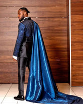Luxury Shiny Royal Satin Suits For Men Customized 3 Piece Jacket with Long Cape Pants Set Formal Groom Wedding Party Prom Tuxedo